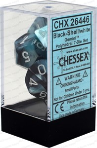 Picture of Chessex Gemini™ Polyhedral Black-Shell w/white  7 Die Set