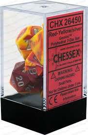 Picture of Chessex Gemini™ Polyhedral Red-Yellow w/silver  7 Die Set